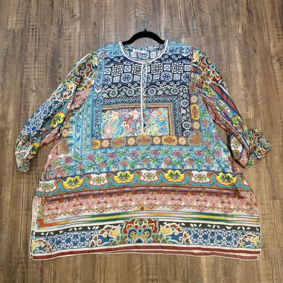 Johnny Was Tops - Johnny Was 100% Silk Patchwork Tunic Women's Size Petite L LP Boho Hippie Career
